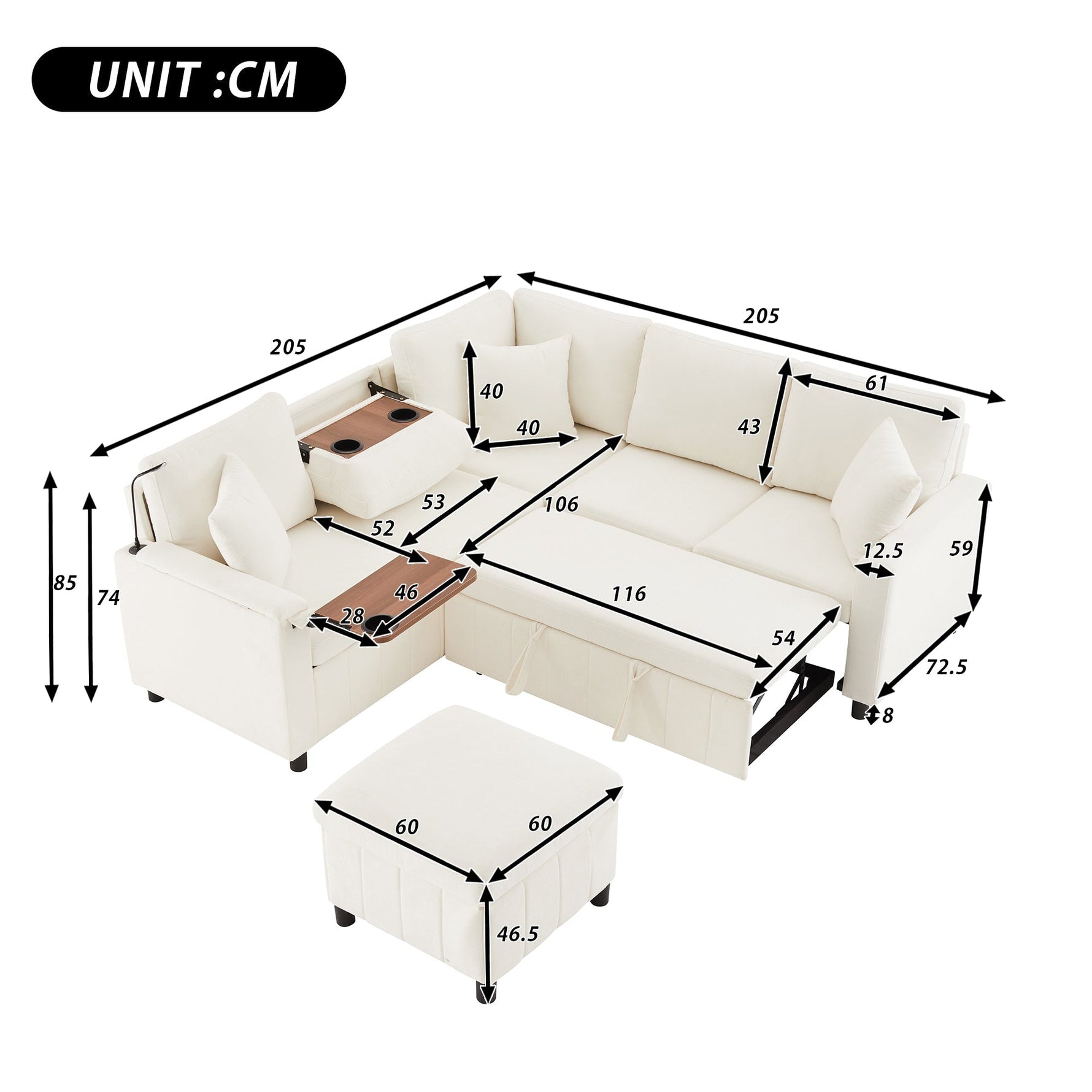 Chenille Corner Sofa Bed with Ottoman and USB Charging, Beige