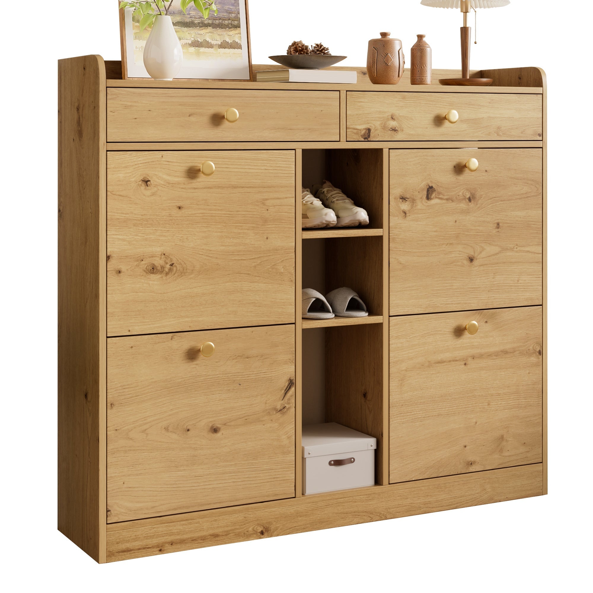 Shoe Cabinet with 4 Hinged Doors, 2 Drawers and 3 Open Compartments, 110x26x100cm, Wood Color