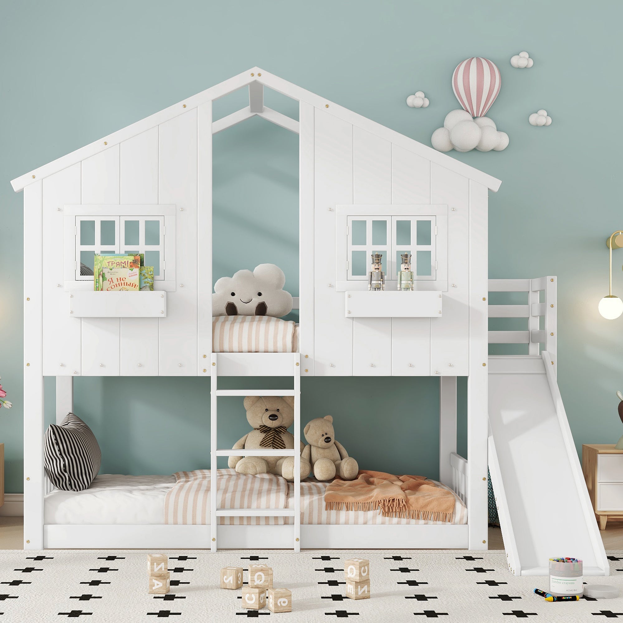 Bunk Bed with Slide, Roof & Window, Safety Gate, 3-Step Ladder, Pine + MDF, White, 90x200cm