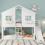 Bunk Bed with Slide, Roof & Window, Safety Gate, 3-Step Ladder, Pine + MDF, White, 90x200cm