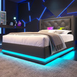 Upholstered Bed, 90x200cm Hydraulic Storage with USB, LED, Black PU