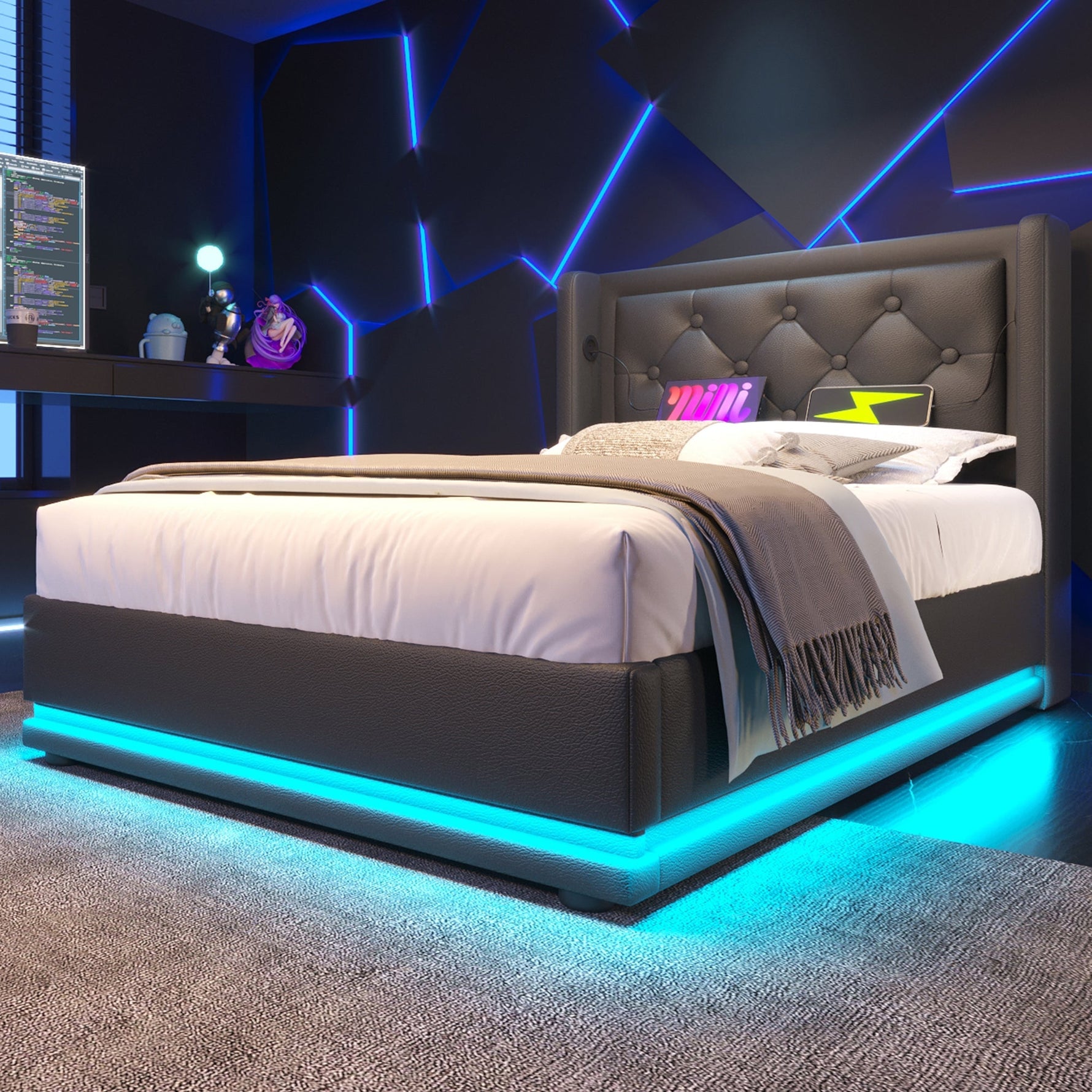 Upholstered Bed, 90x200cm Hydraulic Storage with USB, LED, Black PU