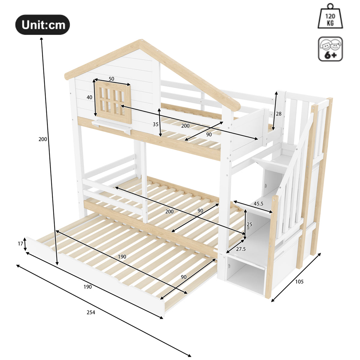 Bunk Bed 90x200cm with Trundle & Storage Ladder, White + Natural