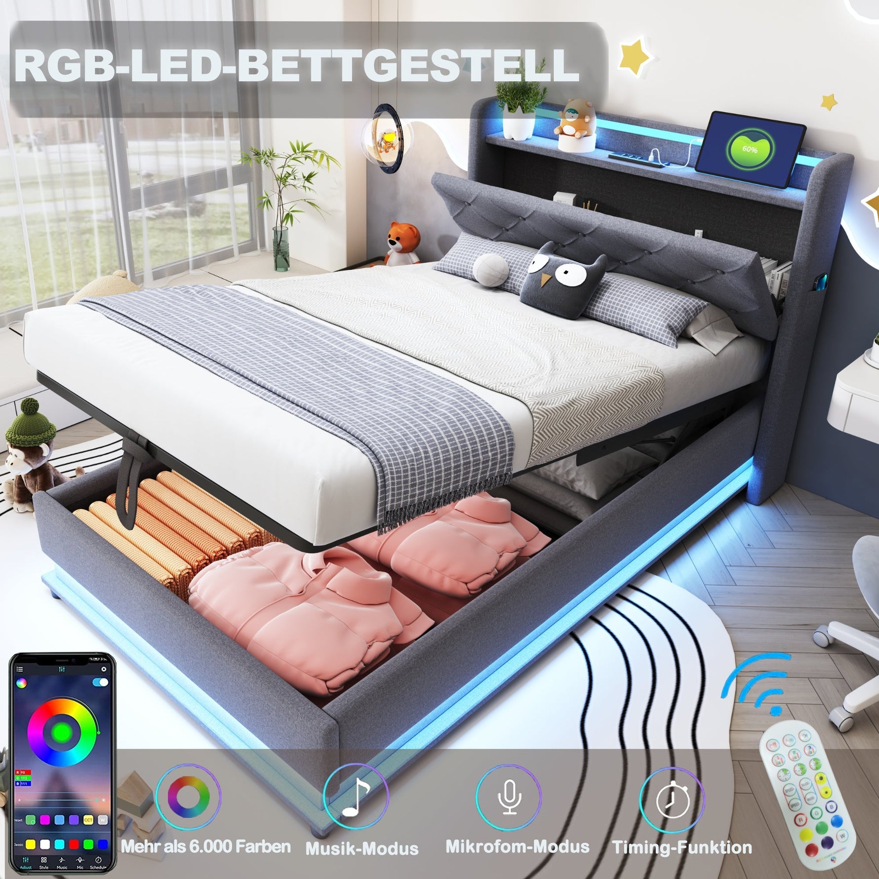 Children's Bed, Upholstered with Lights, USB, Storage, Gray Linen