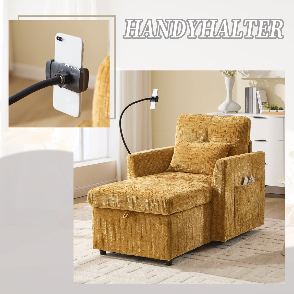 Reclining Sofa Lounge Chair, Multifunctional with Phone Holder, Chenille Fabric
