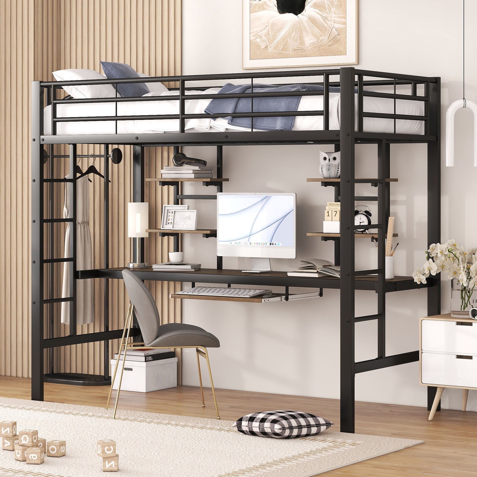 Loft Bed 90x200cm with Desk and 2 Bookshelves - Black Metal