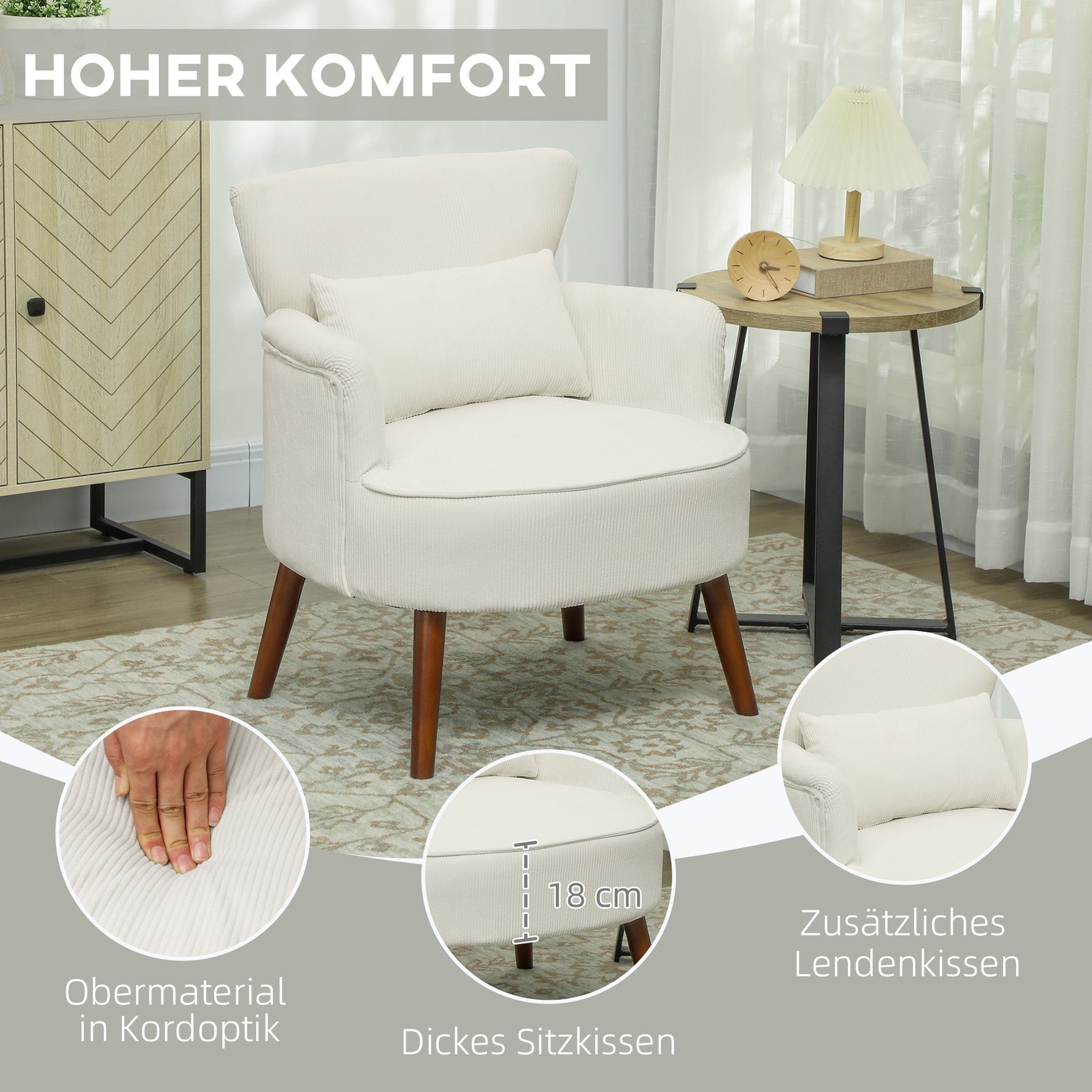 Armchair Lounge Chair Corduroy Look, Cream White