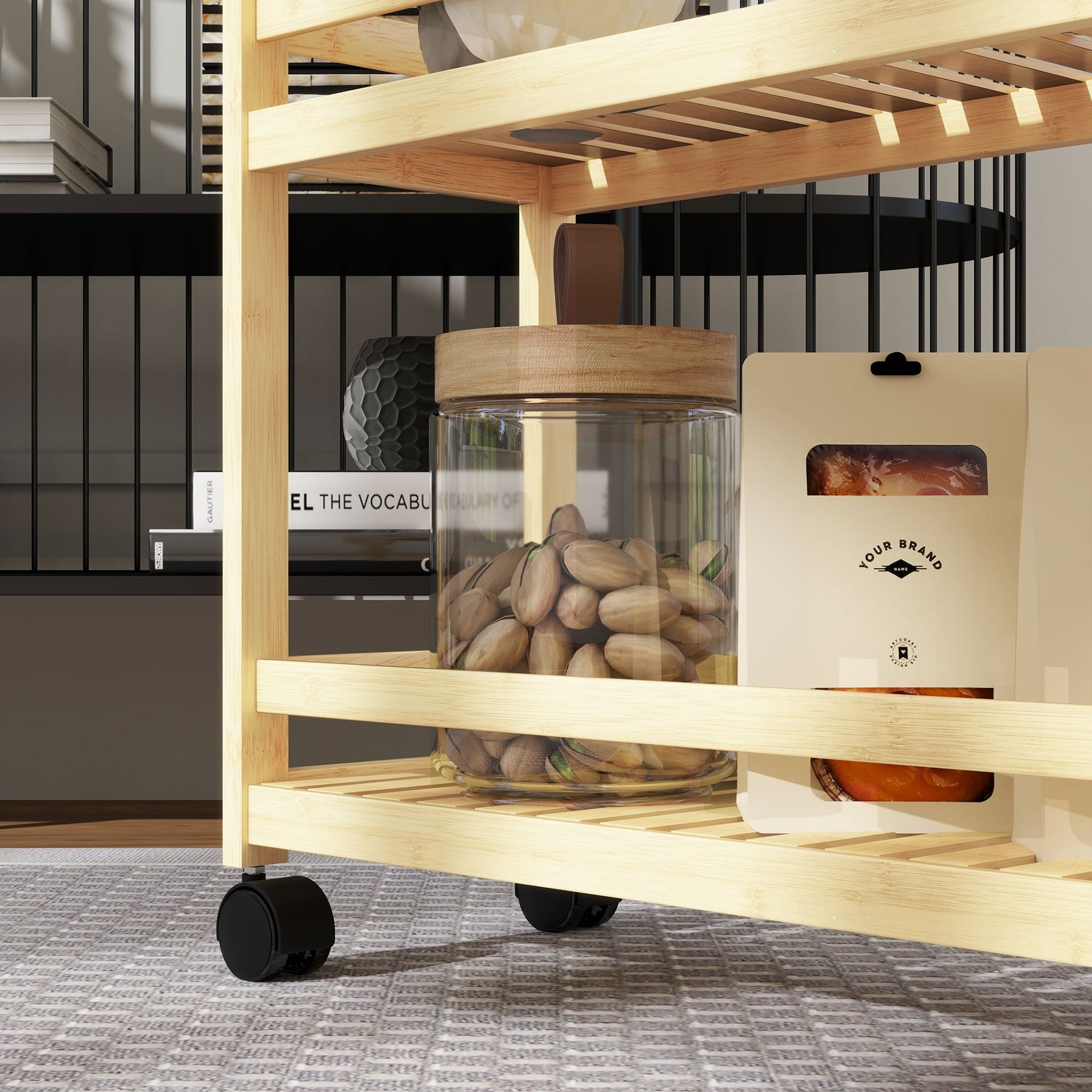 3-Tier Serving Cart, Wheels & Handle, Natural Wood