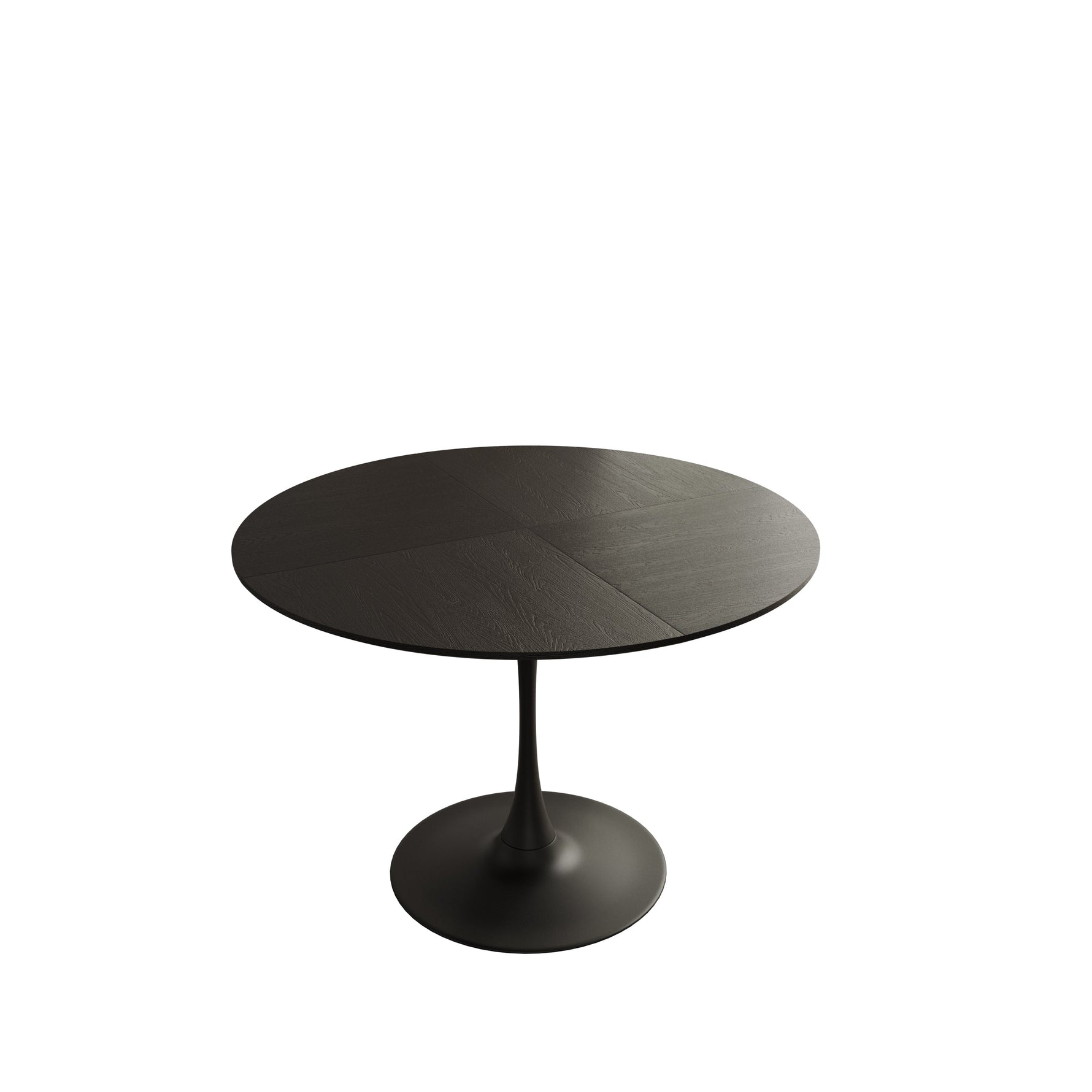 Modern Round Dining Table, Patchwork Black Wood Grain Top, Metal Base