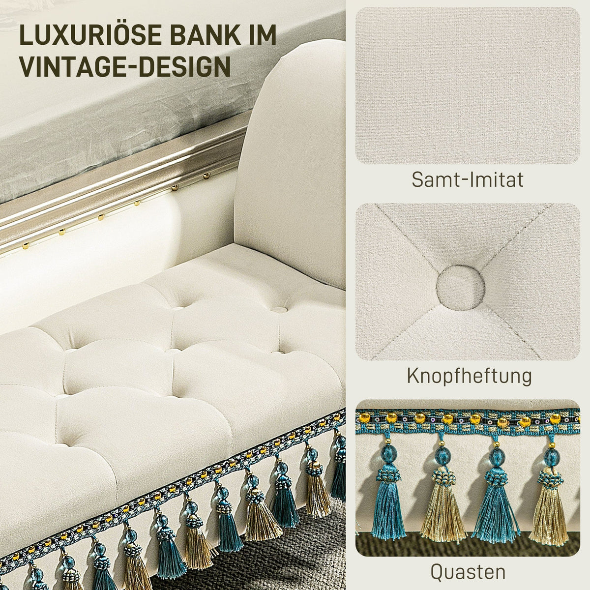 Upholstered Bench with Armrests, Vintage Design, Beige Velvet