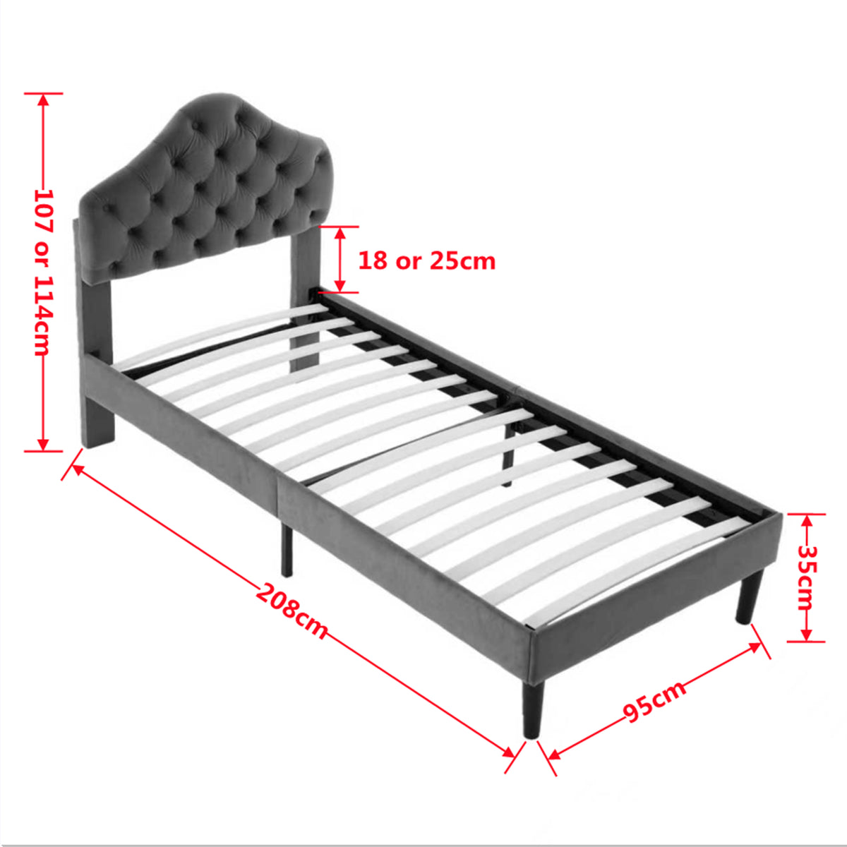 Twin Size Upholstered Platform Bed Frame, 90x200cm, Gray Velvet