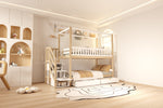 Bunk Bed, 90*200 cm House Shape, Safety Rail, Storage, and Ladder, Solid Wood White/Natural