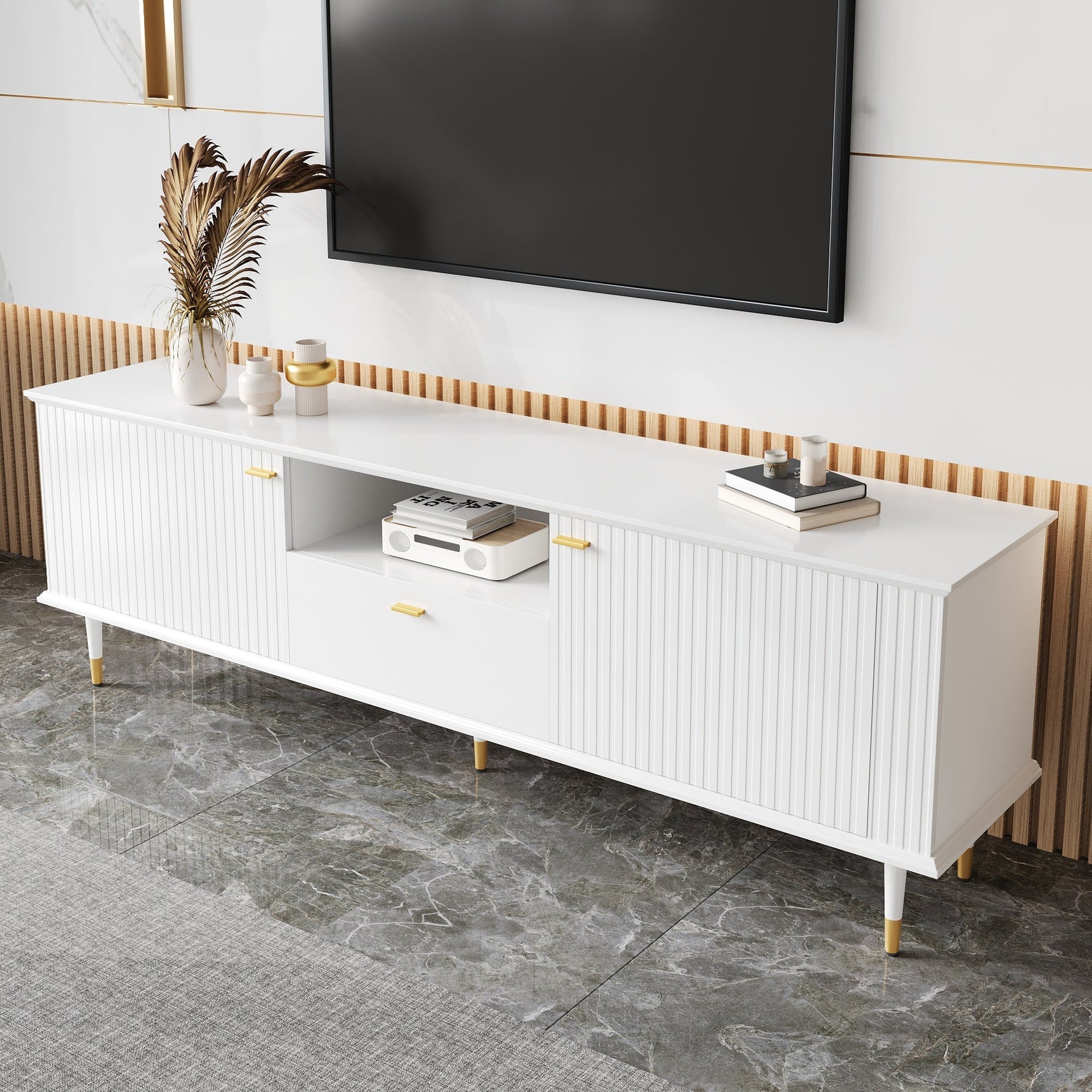 TV Cabinet with Open Compartments, Drawers, Soft-Close Hinges, Lacquered Textured Surface