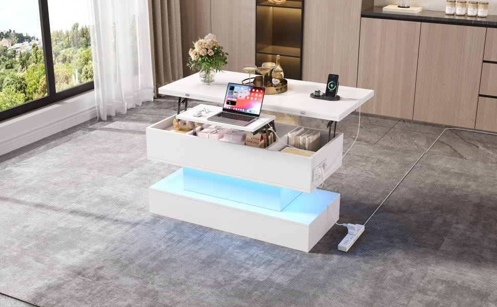 Coffee Table 100x50x51.5cm Lift-Top LED USB Power Outlet Storage, White