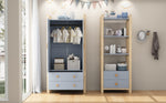 Freestanding Shelf Unit, 2 Drawers 4 Shelves 70x44x180cm, Blue and Natural Wood Pine Frame