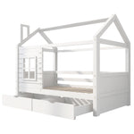 House Bed 90x200 with Fall Protection & Window, Solid Wood White