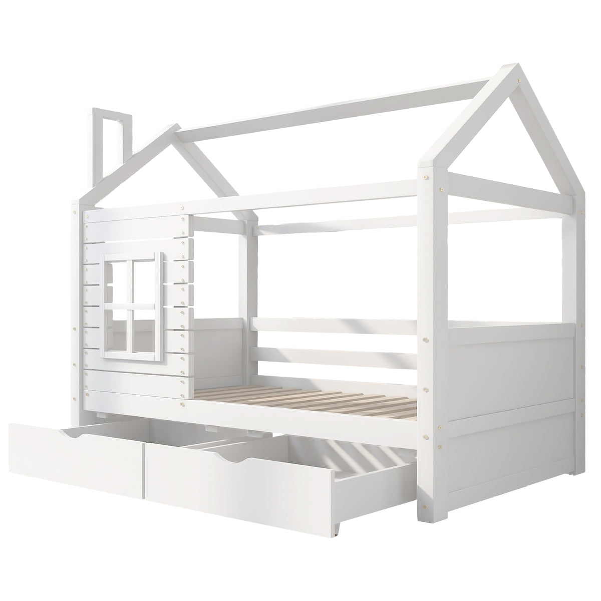 House Bed 90x200 with Fall Protection & Window, Solid Wood White
