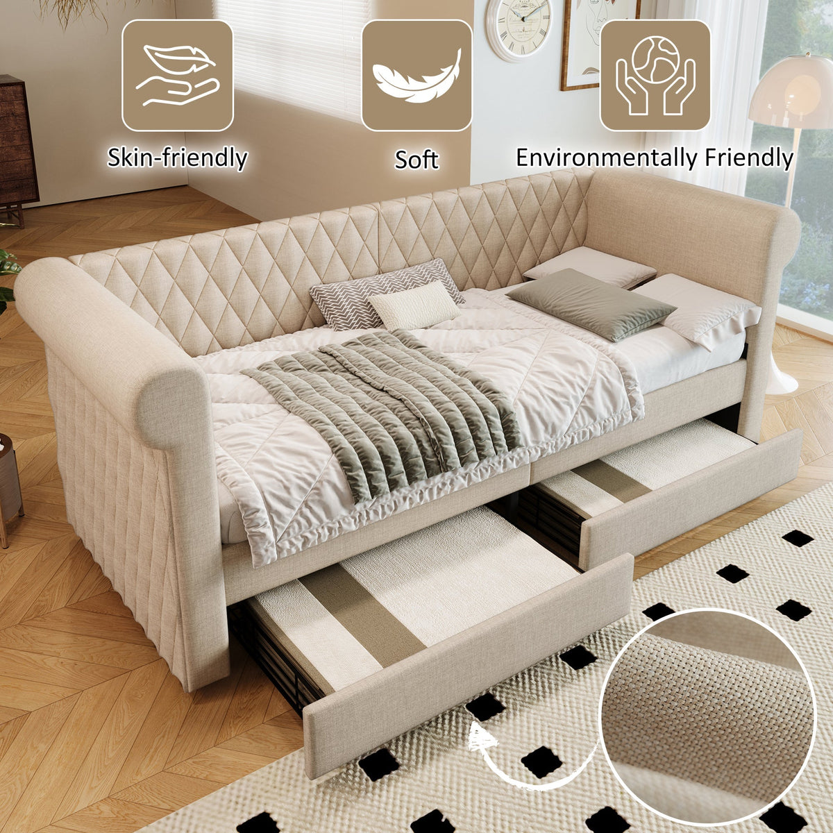 Vintage Upholstered Sofa Bed, 90x200 cm, 2 Storage Drawers, Linen Beige
