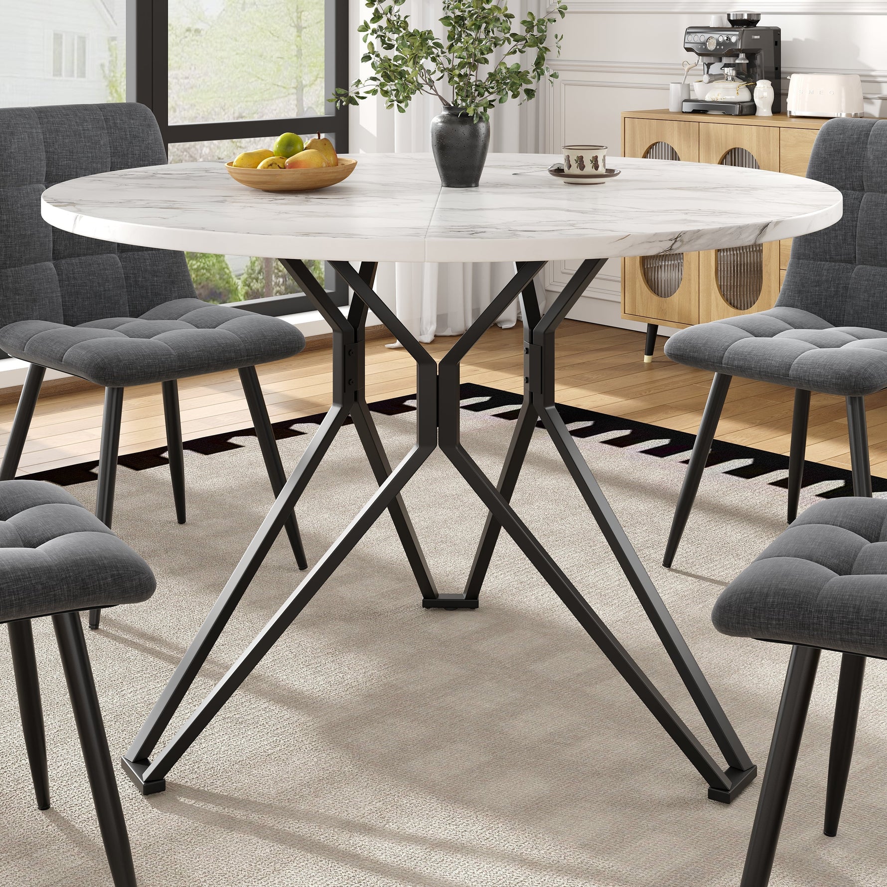 Round Dining Table, 100x100x76cm, 4-Person, MDF Marble, Black