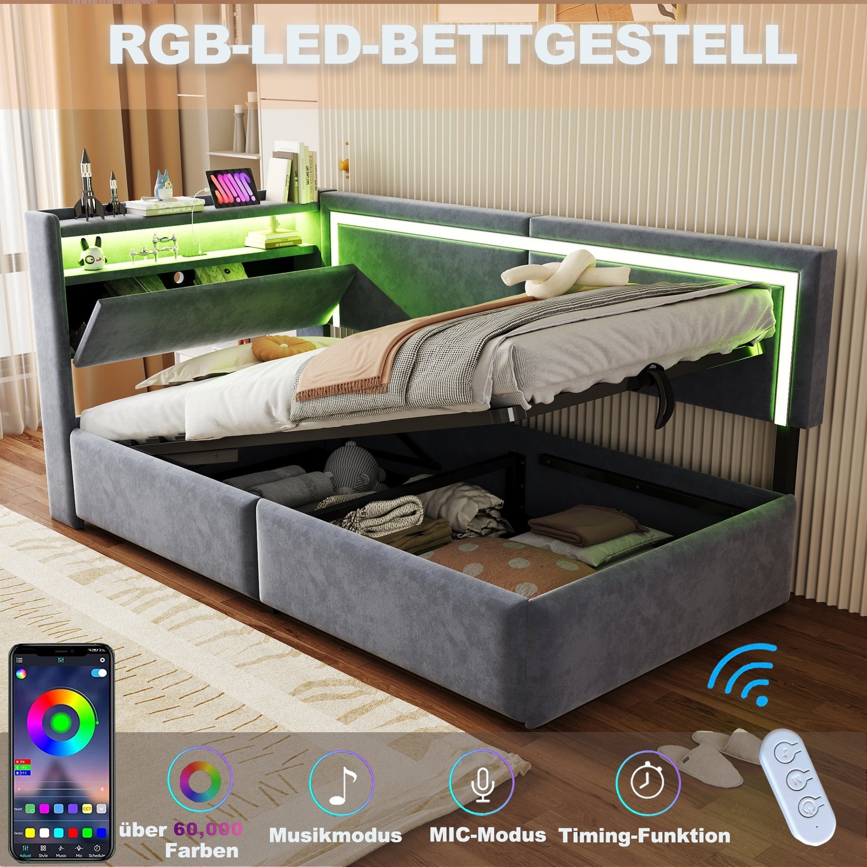 Upholstered Sofa Bed 90x200 cm with LED Lighting, USB Ports and Hydraulic Storage, Dark Grey Velvet
