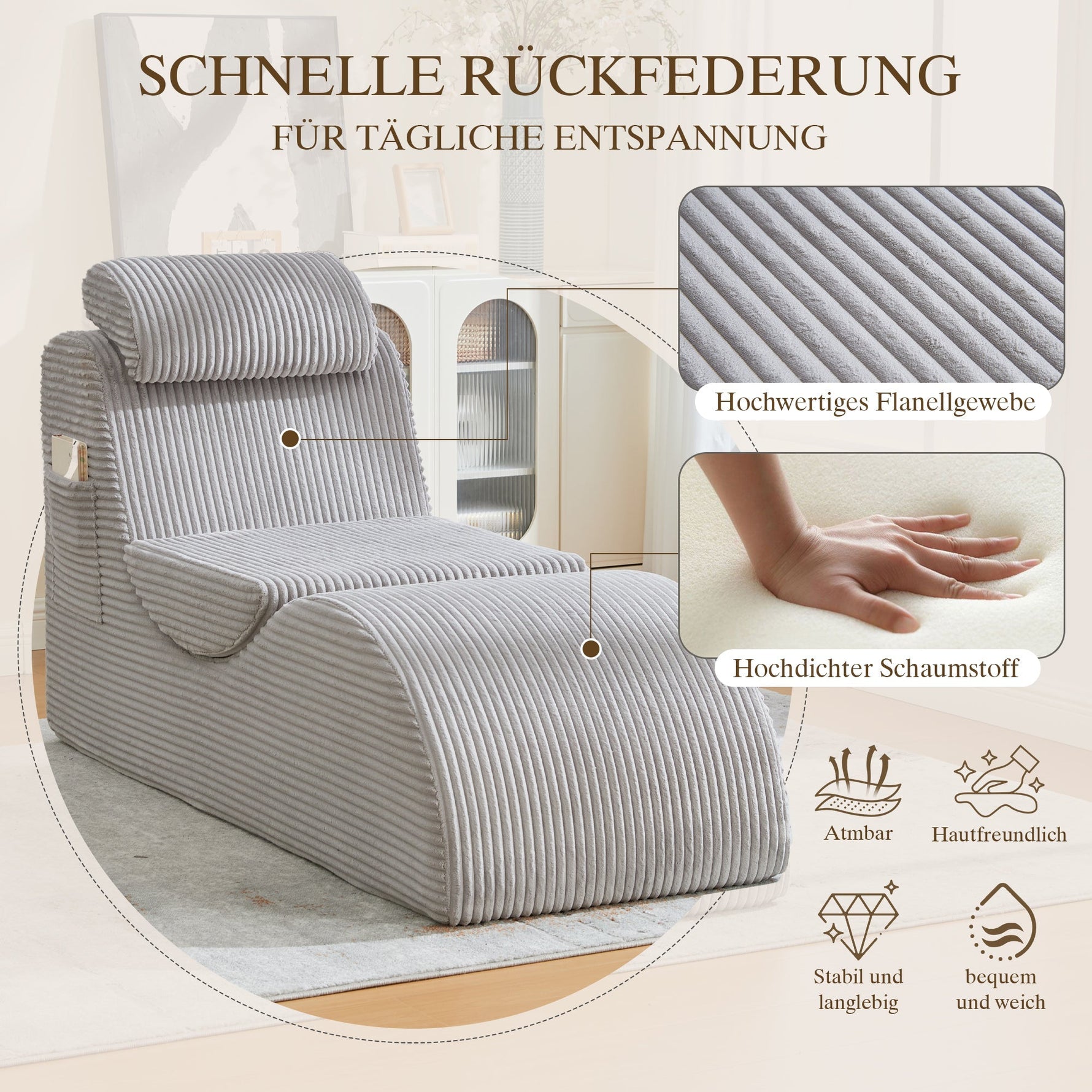 Modern Leisure Chair with Ergonomic Design and Side Pocket, Light Grey
