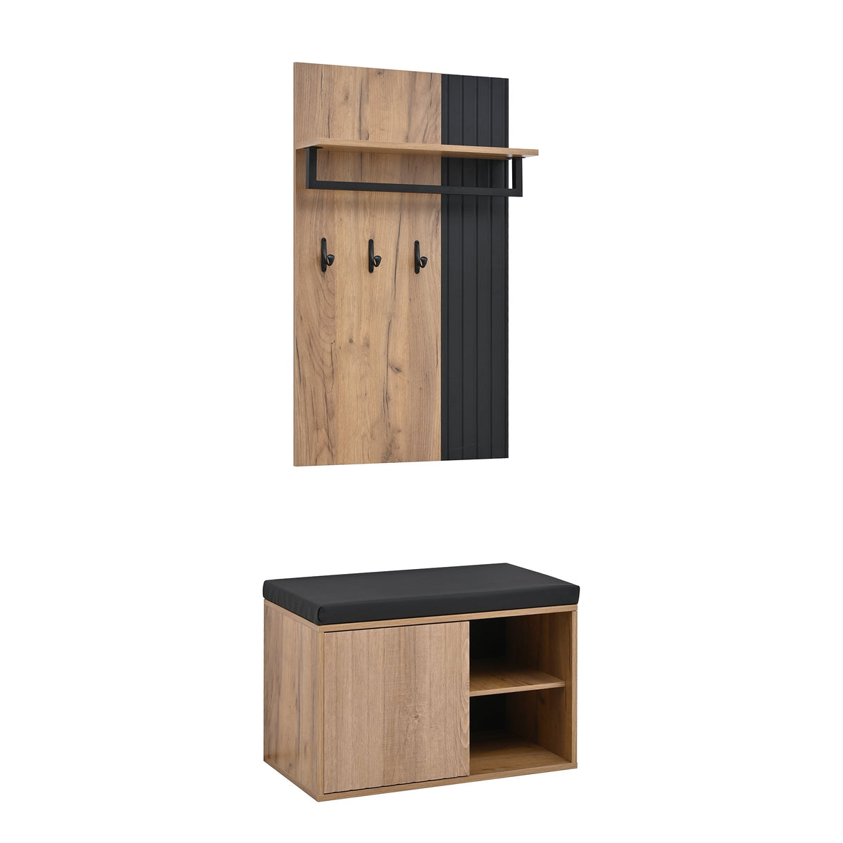 Shoe Cabinet Bench Hallway Furniture 2 Doors 3 Hooks Black and Natural Color