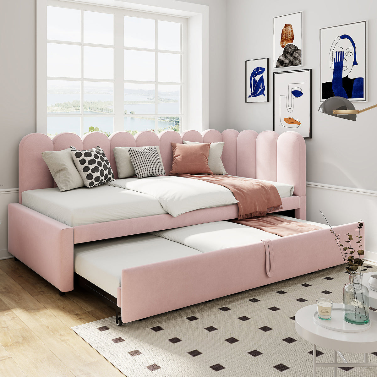 L-Shaped Sleeper Sofa Bed - 2-in-1 Space-Saving, Pink Velvet