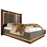 Youth Upholstered Bed 90x200 with LED & Storage, Grey Linen & Walnut