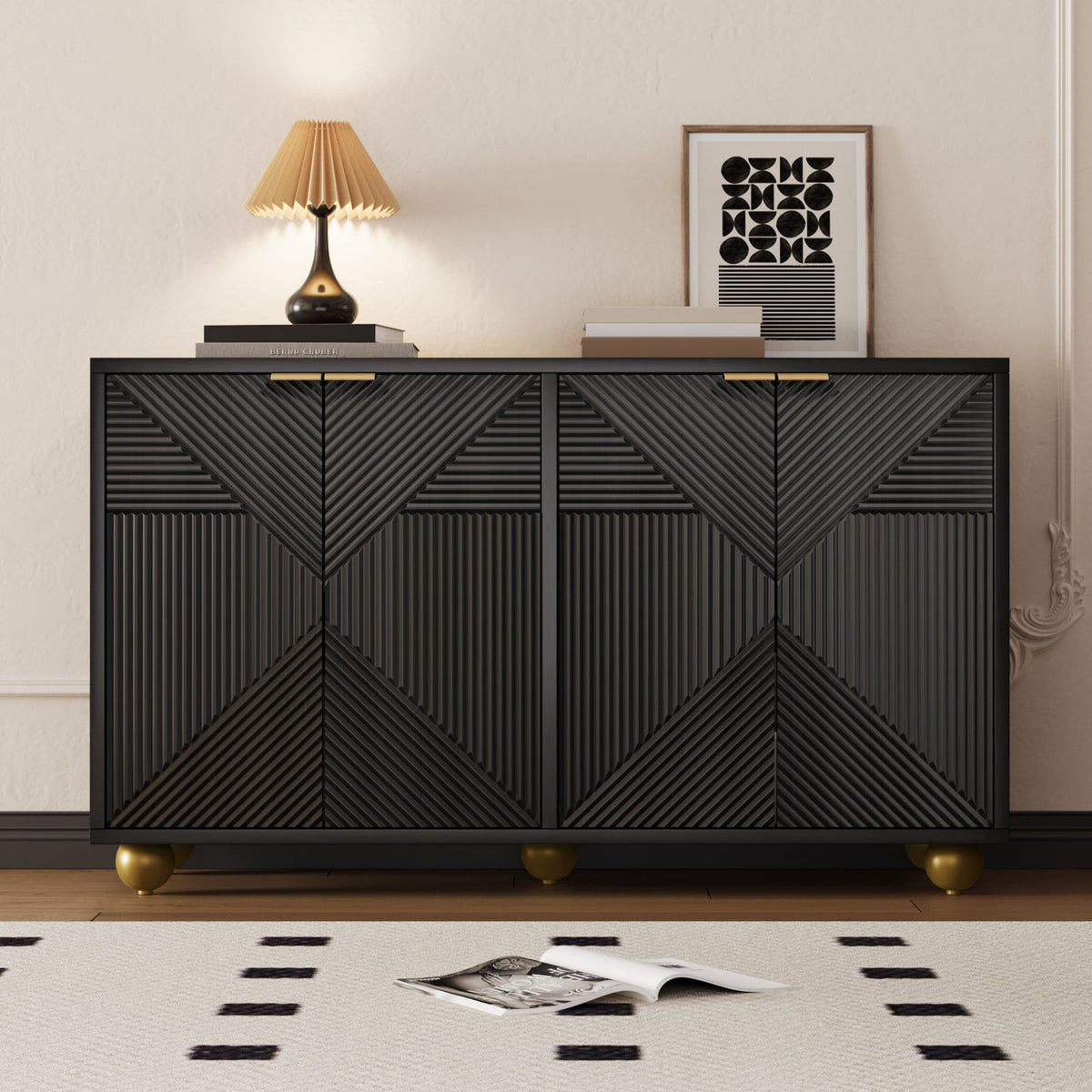 Sideboard with Four Molded Doors and Adjustable Shelves, Metal Handles and Ball-Shaped Legs