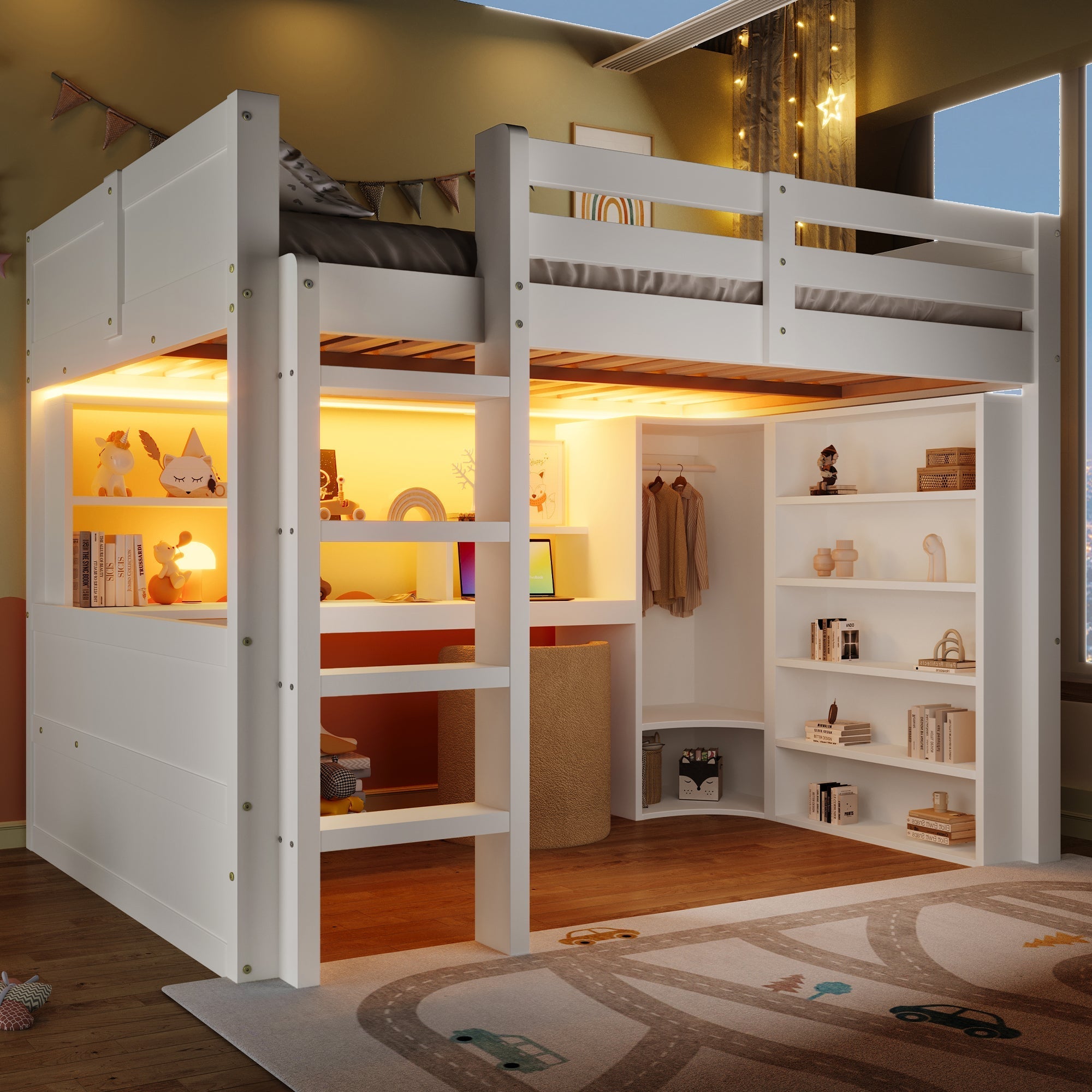 Loft Bed 140x200cm LED Lights Wardrobe Desk Drawers Storage - White