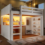 Loft Bed 140x200cm LED Lights Wardrobe Desk Drawers Storage - White