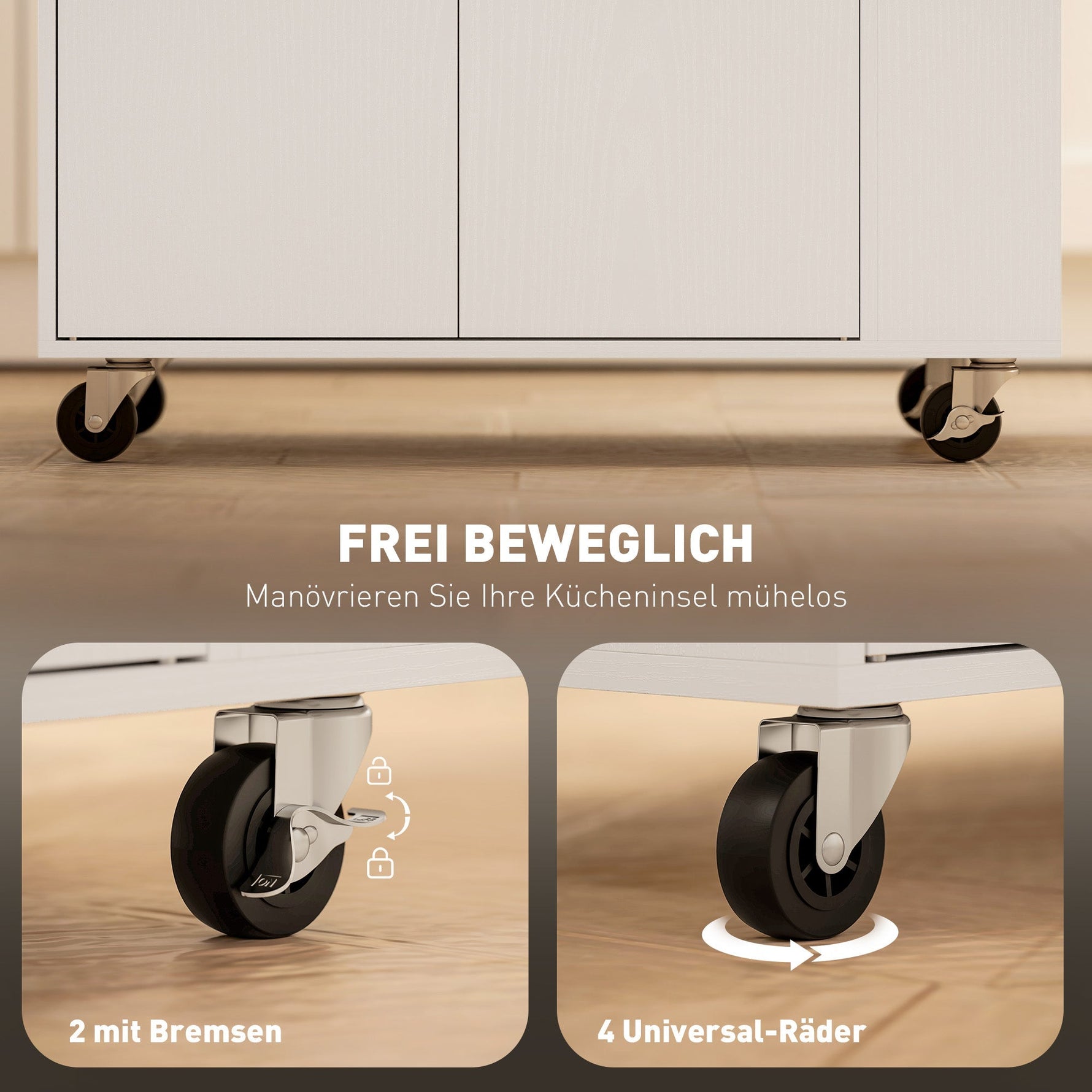 Kitchen Island Kitchen Trolley on Wheels with Worktop, Drawer, Cabinet, Spice Rack, Towel Rail, White