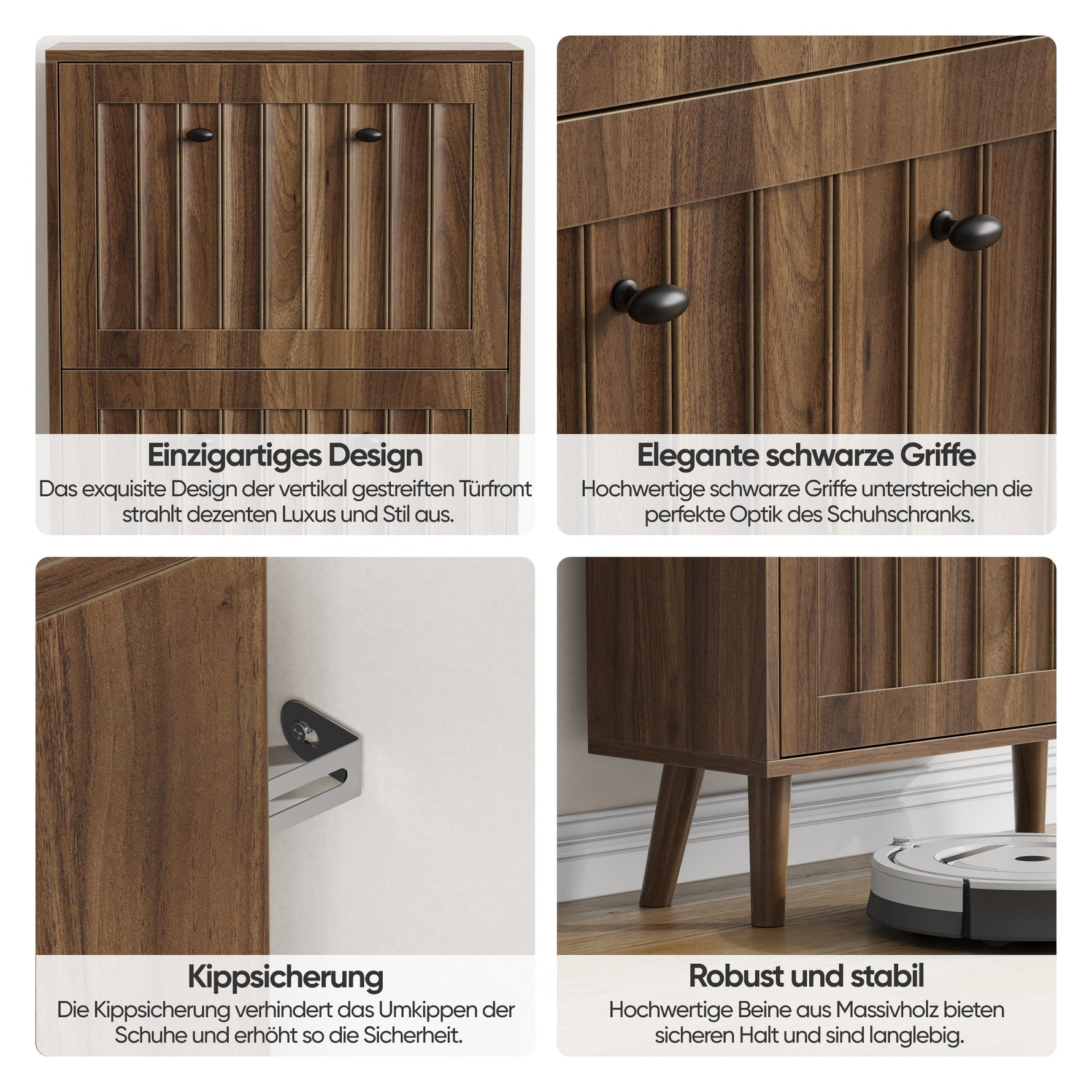 Shoe Storage Cabinet with Vertically Grooved Surface and Medieval Style, 60cm High, Walnut