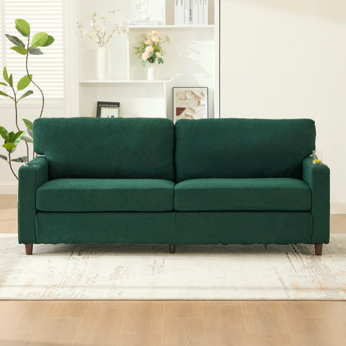 2-Seater Sofa Modern USB-C LED Cup Holders Side Pockets - Emerald Chenille