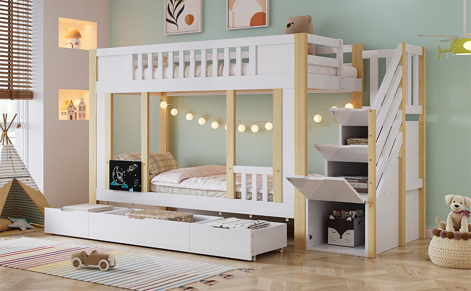 Children's Bunk Bed Storage Stairs Drawers Chalkboard 90x200cm, Pine MDF White/Natural