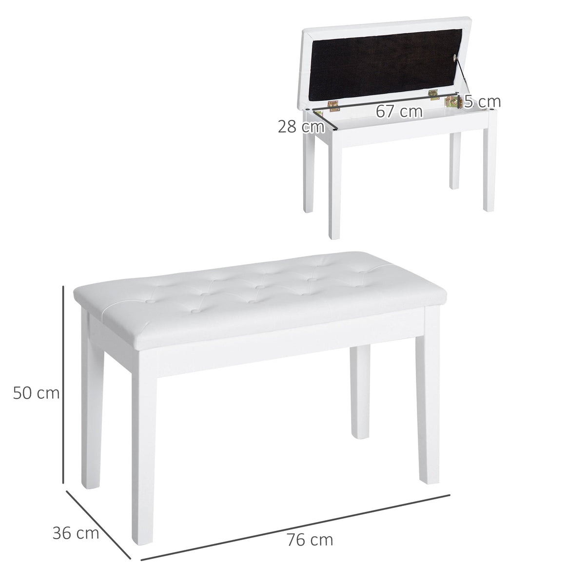 Piano Stool Bench with Storage Space, Rubber Wood & Faux Leather, White