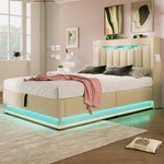 Upholstered Single Bed 90x200cm Storage Headboard LED Hydraulic, Beige Linen