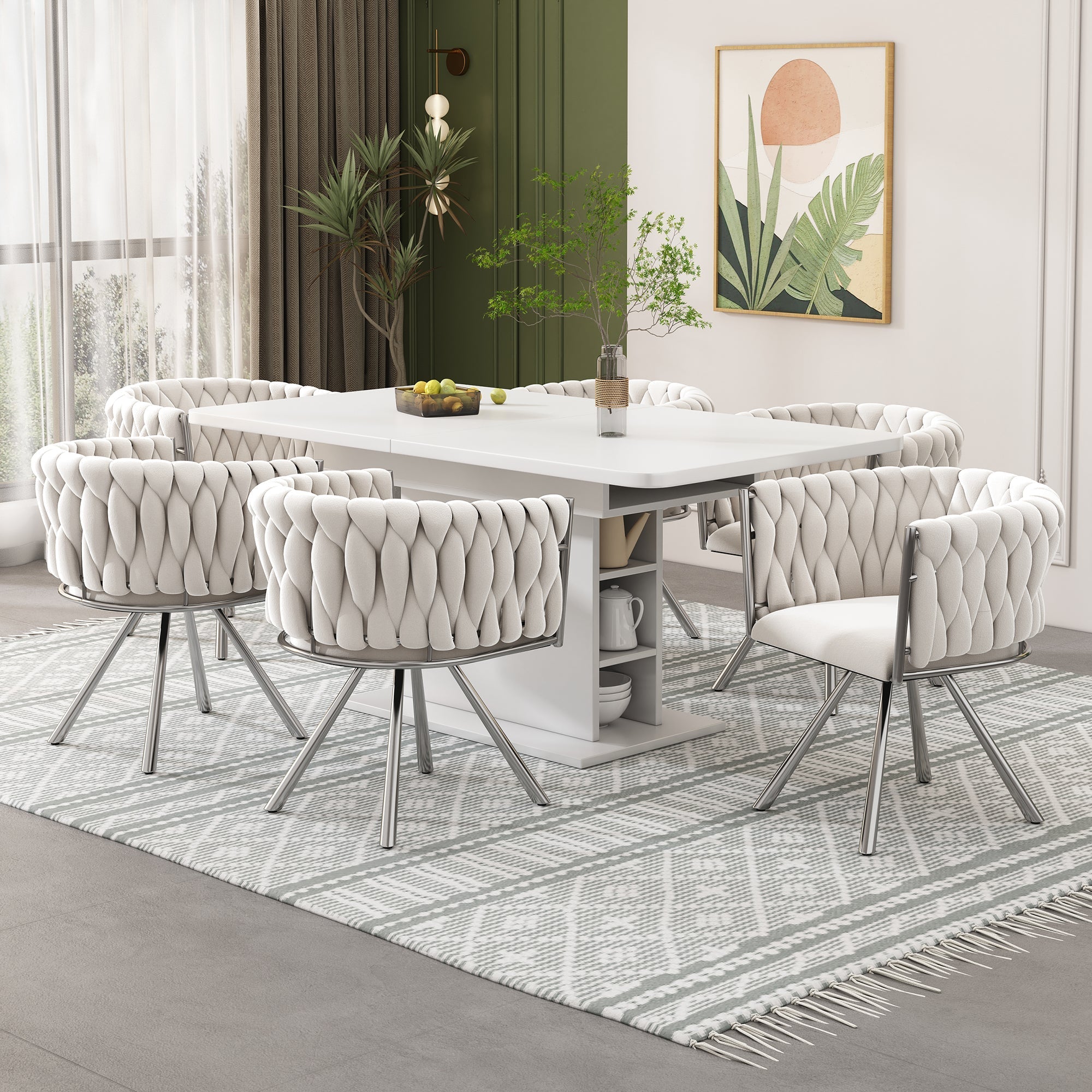 Velvet Dining Chair Set of 6 Swivel Metal Legs - Beige/Silver
