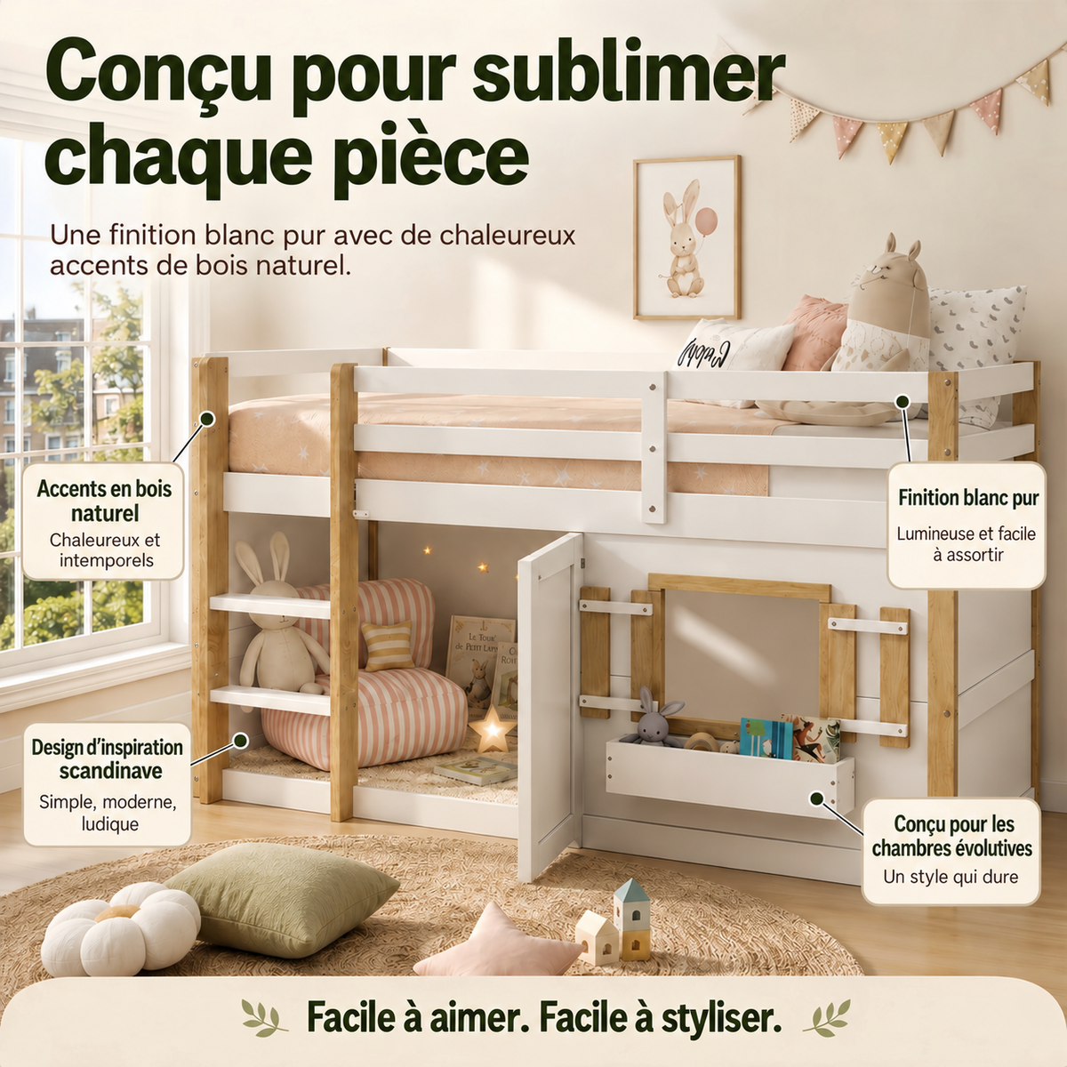 Children's Loft Bed 90x200cm with Ladder & Play Area White
