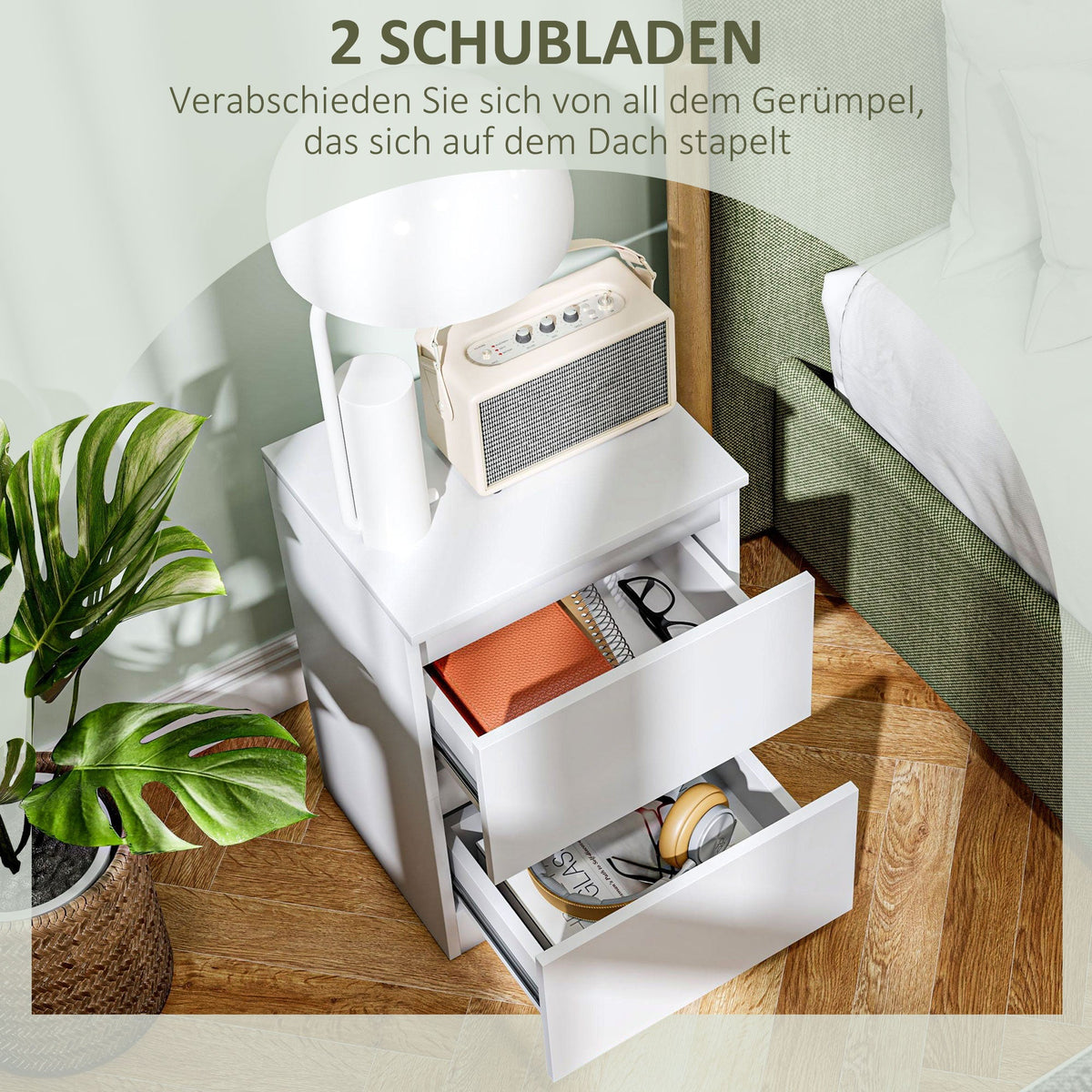 Bedside Table, 2 Drawers Storage Nightstand, White