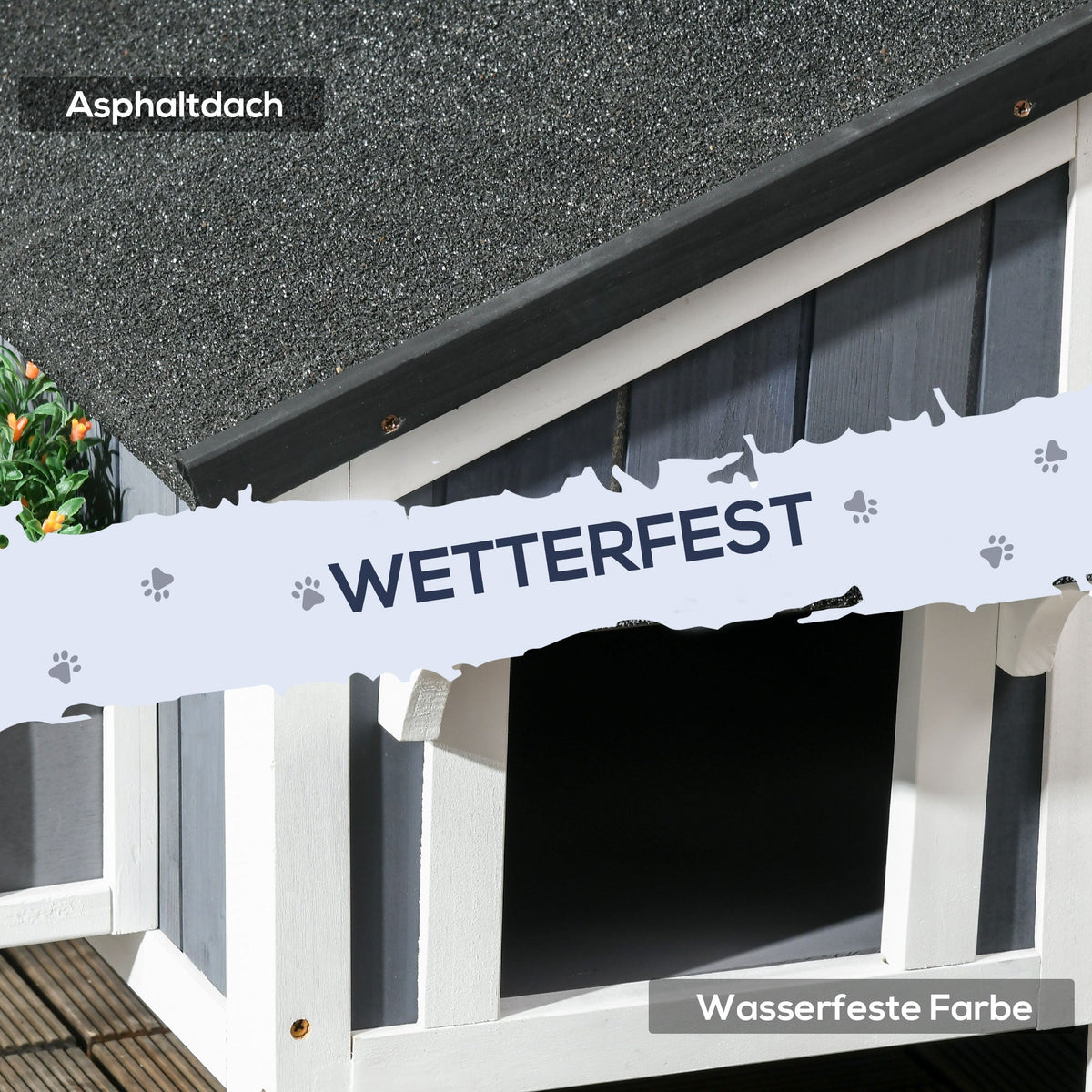 Fir Wood Cat House, 2-Level Multi-Entrance Cat Hut with Asphalt Roof