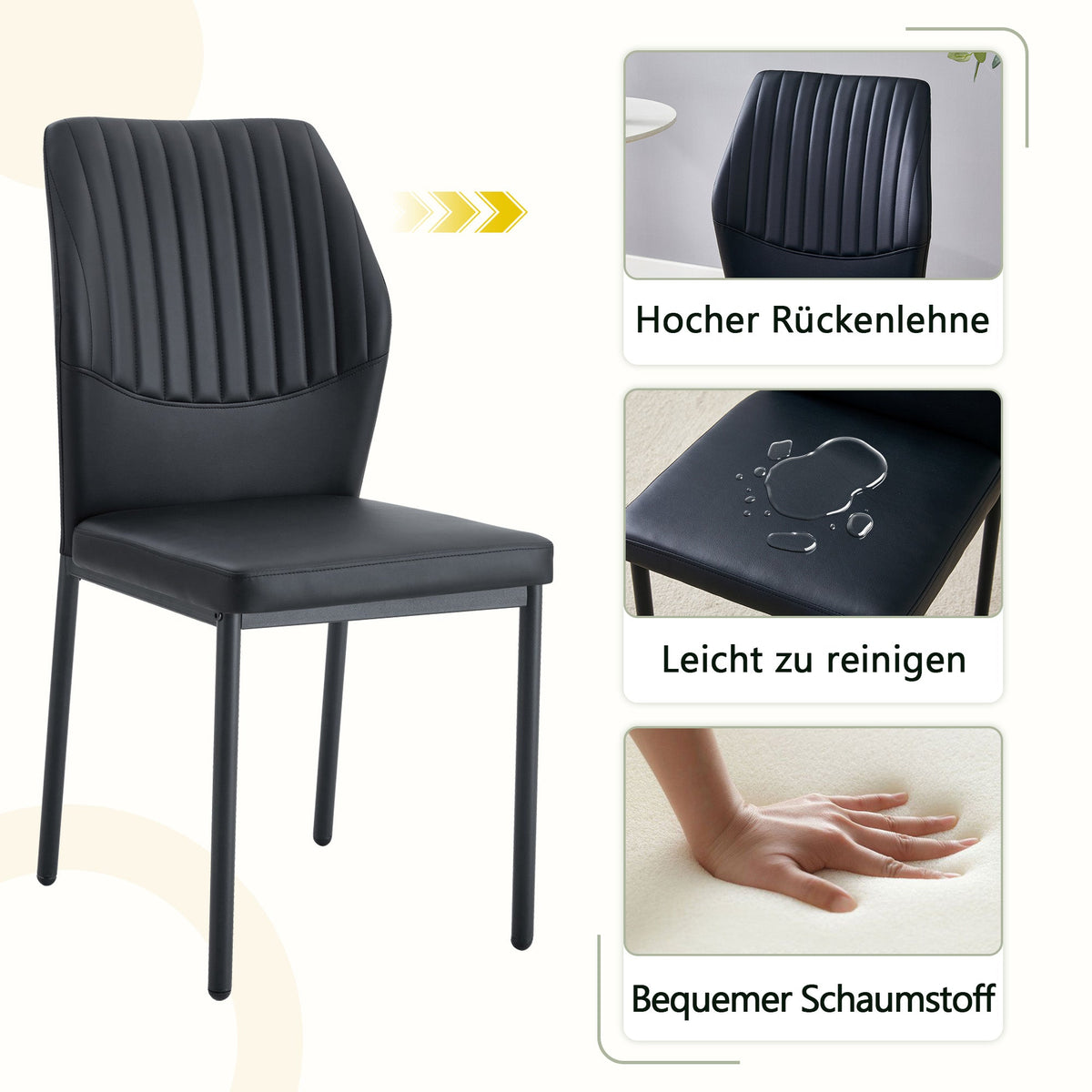 Set of 4 Dining Chairs with Vertical Embossing and Metal Legs, Black PU