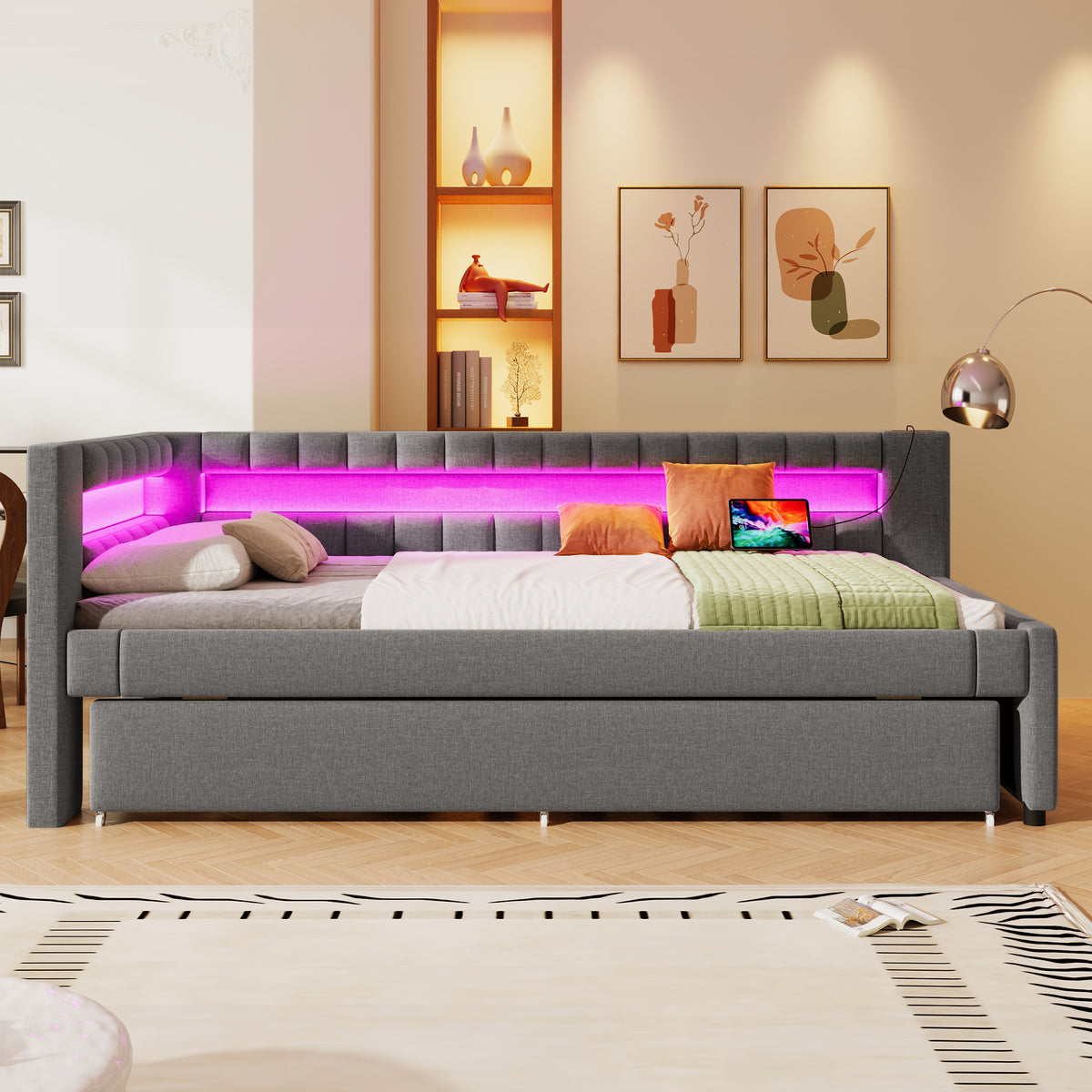 Daybed Sofa Bed 90x200cm with Trundle & LED, Grey Linen