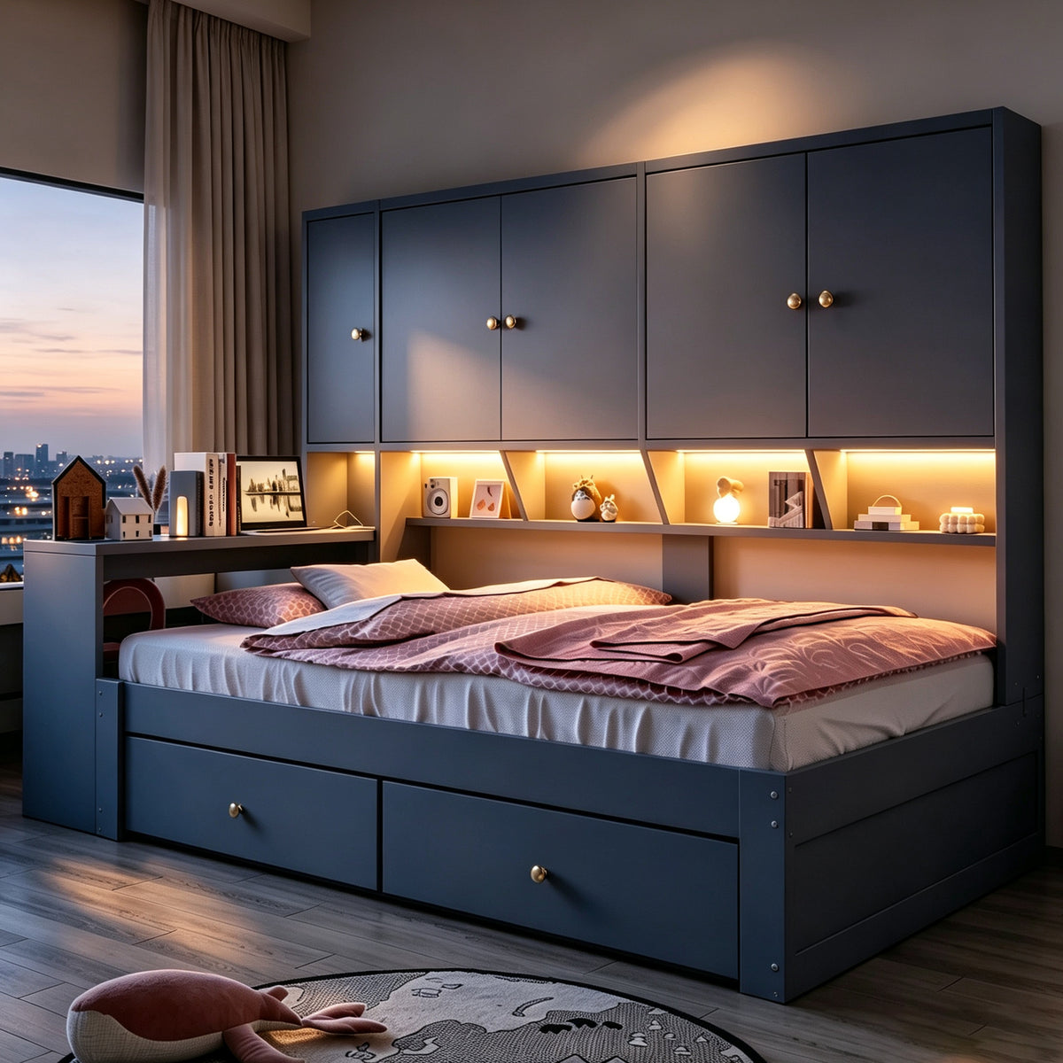 Multifunctional Bed 90x200cm with Desk, Storage & LED, Grey Wood