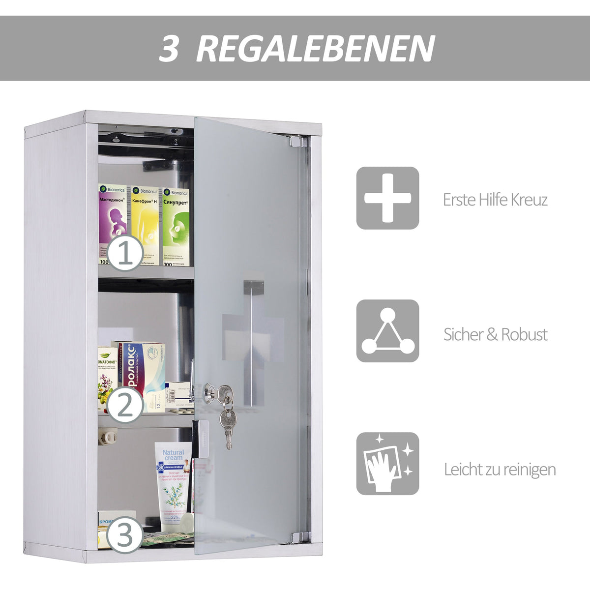 Medicine Cabinet First Aid, Lock, Stainless Steel