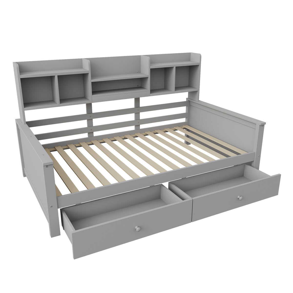 Sofa Bed 90x200 with Drawers & Shelves, Solid Wood Grey