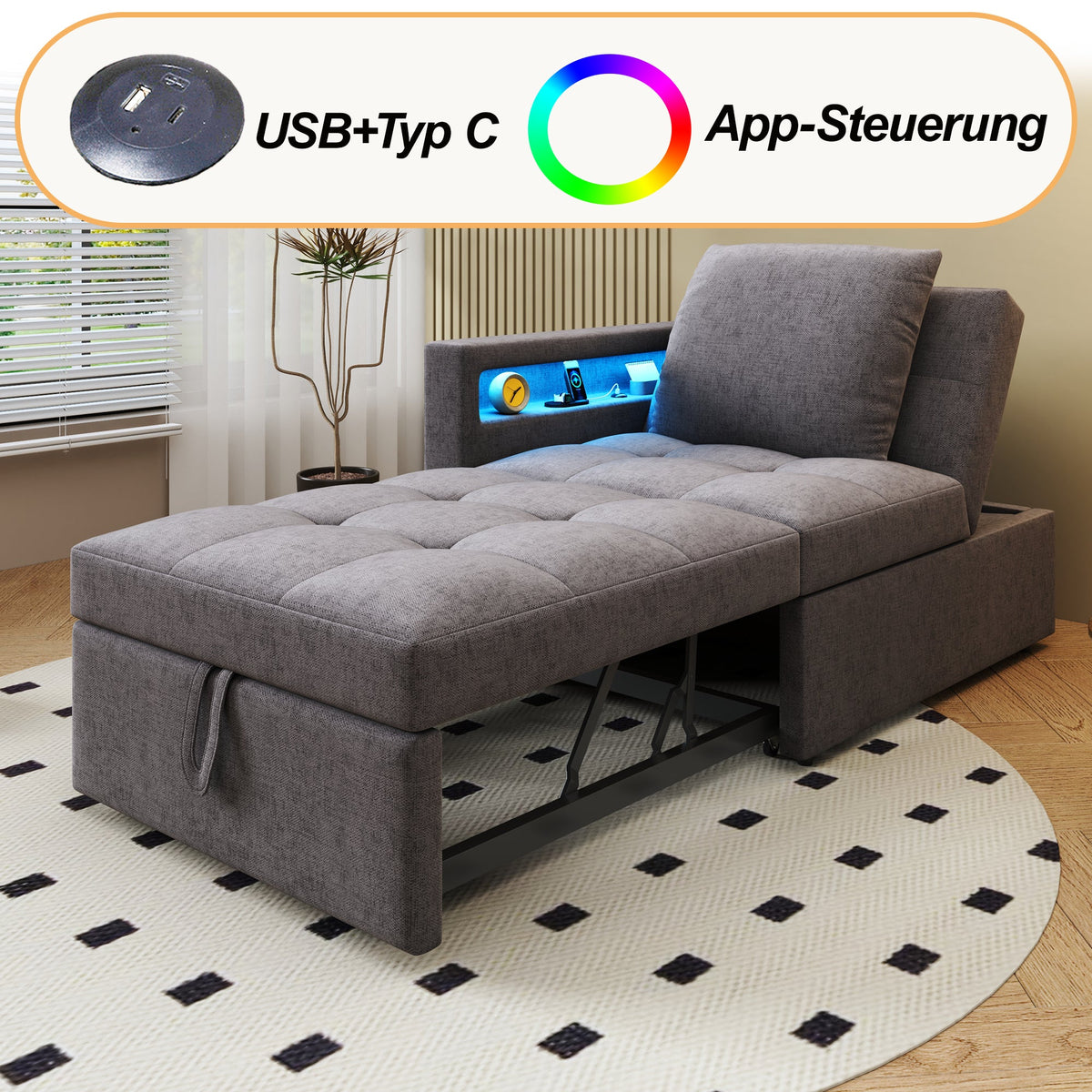 Upholstered Sleeper Sofa, 3-in-1 Multifunctional LED USB Ports, Linen Fabric