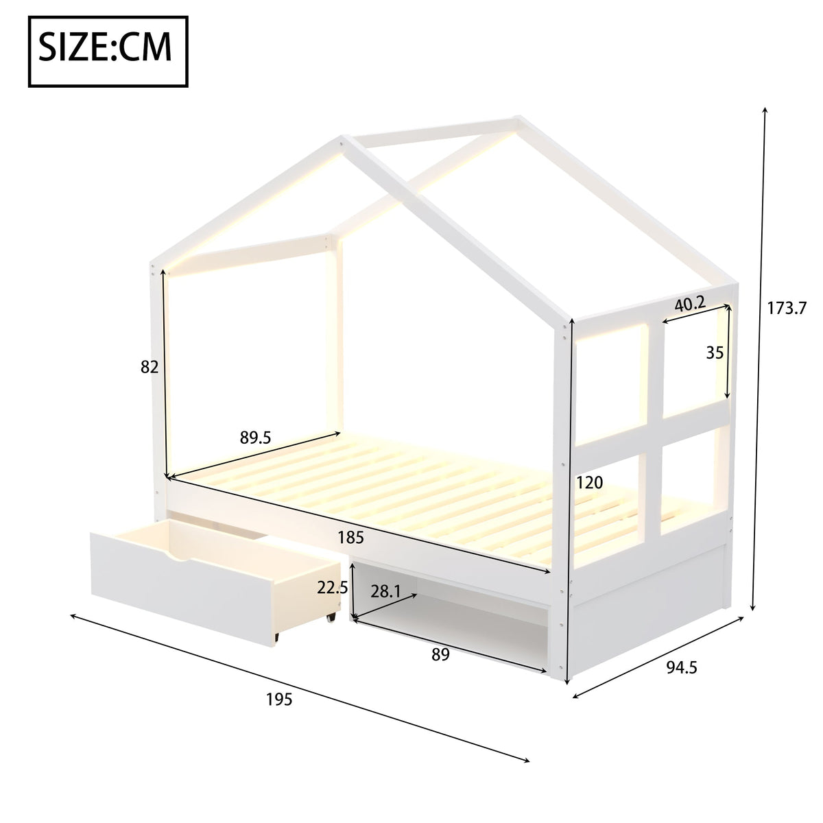 Wooden Bed with Drawers, Shoe Cabinet and LED Lighting, 90x190cm, White Wood