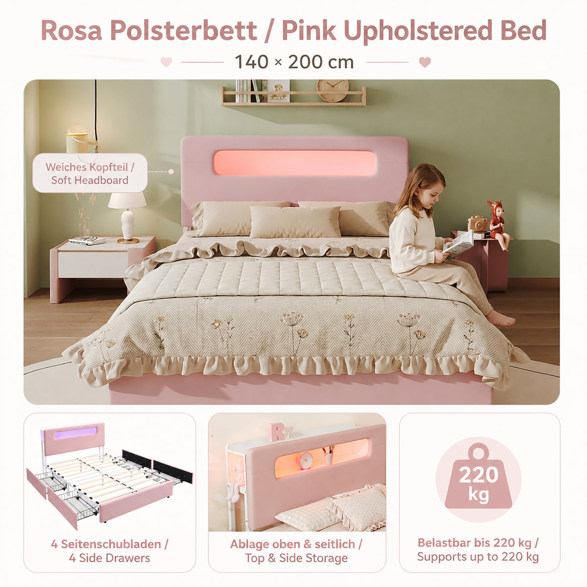 Children's Upholstered Bed 140x200cm with 4 Drawers & LED, Pink