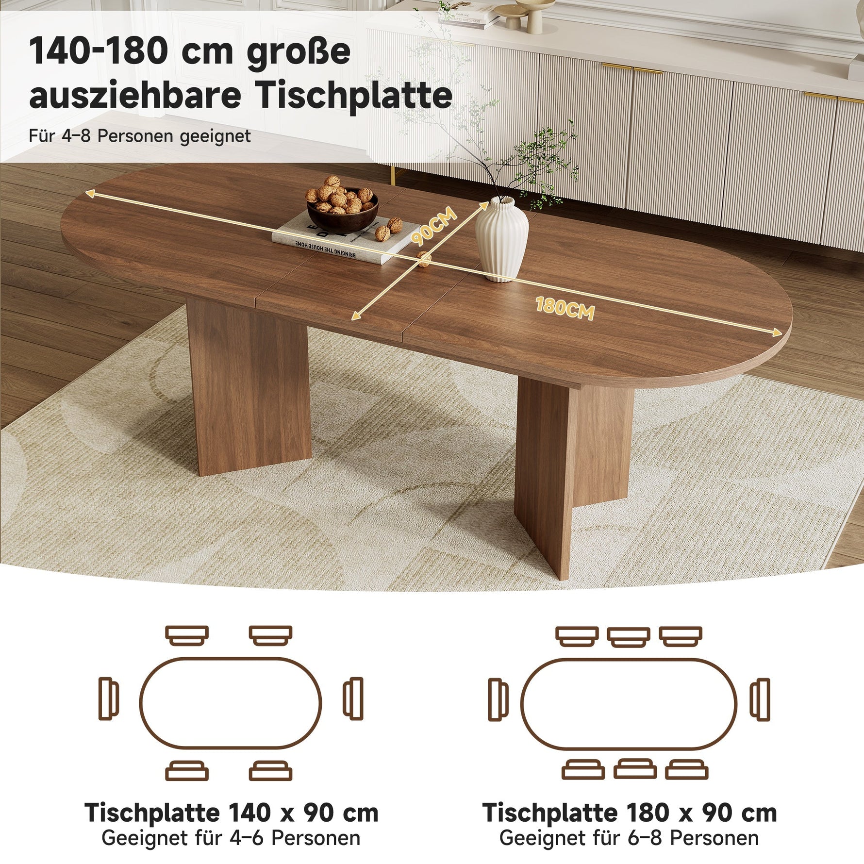 Extendable Dining Table, 140/180 x 90 cm, 6-8 People with Rounded Corners, Walnut
